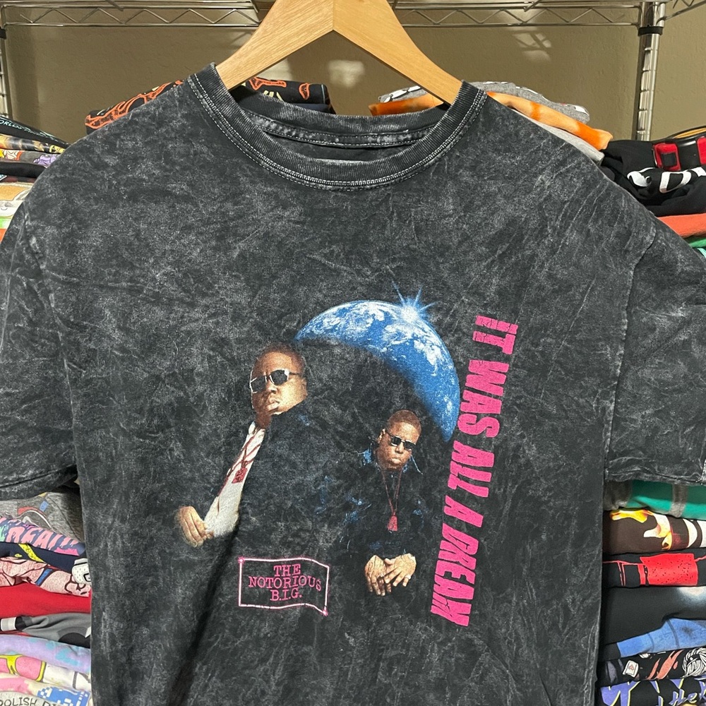 NOTORIOUS BIG - Black Graphic Tee with Pink and Blue Accents